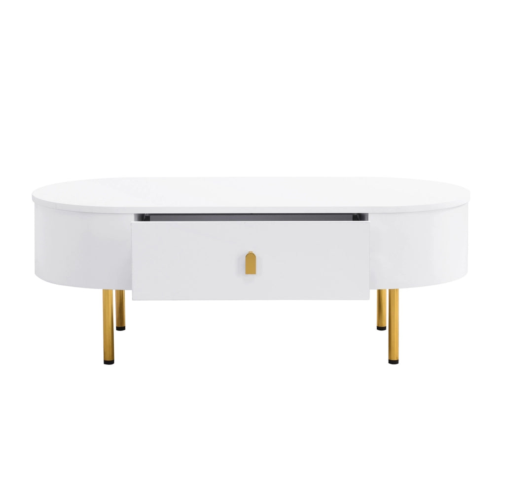 Tavolino da caffè moderno 108 cm con 2 cassetti; dettagli oro; bianco; MDF