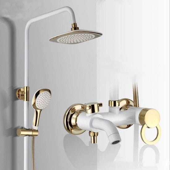 Set di doccia per bagno con rubinetto a mano in alluminio bianco dorato con fissaggio alla parete e scarico per doccia con uscita per acqua calda e fredda