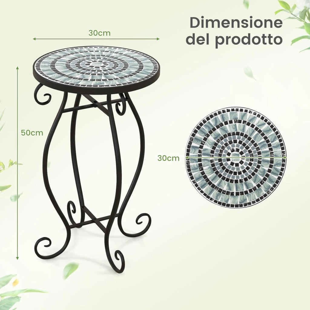 Tavolino da Esterno a Mosaico con Piano d'appoggio in Ceramica Resistente agli Agenti Atmosferici, Tavolino da Interno ed Esterno per Salotto, Balcone, Patio e Giardino (Nero e Grigio)