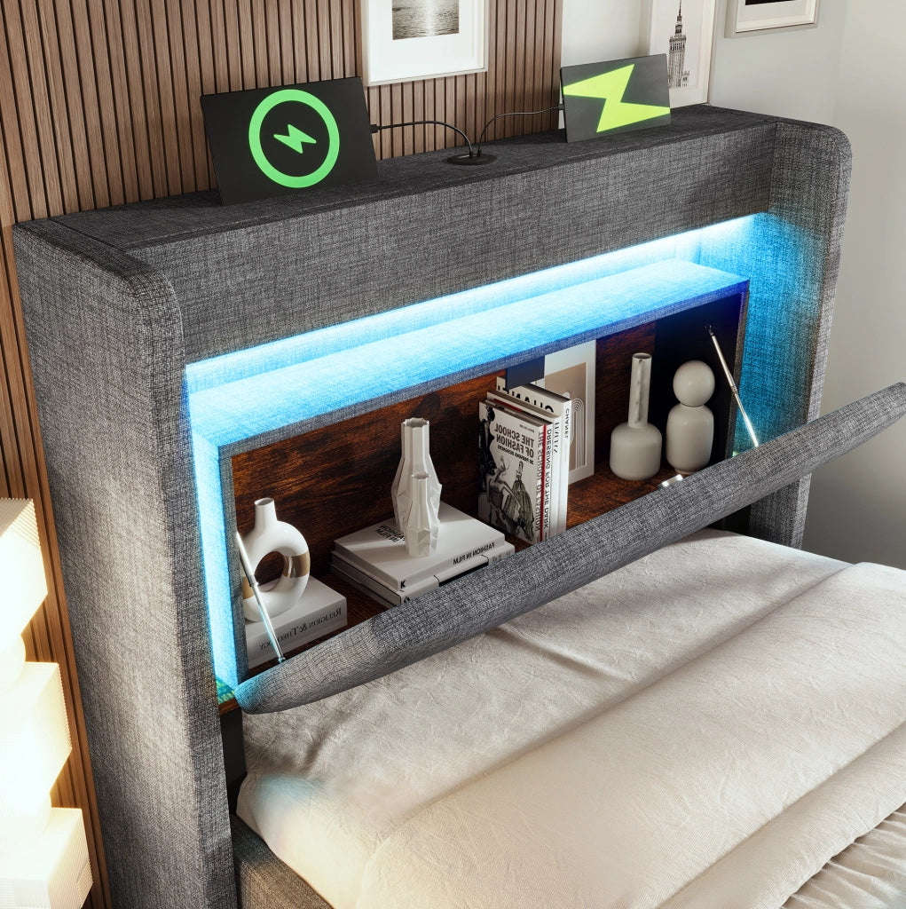 Letto imbottito 90x200 cm con contenitore idraulico, LED, USB e USB-C