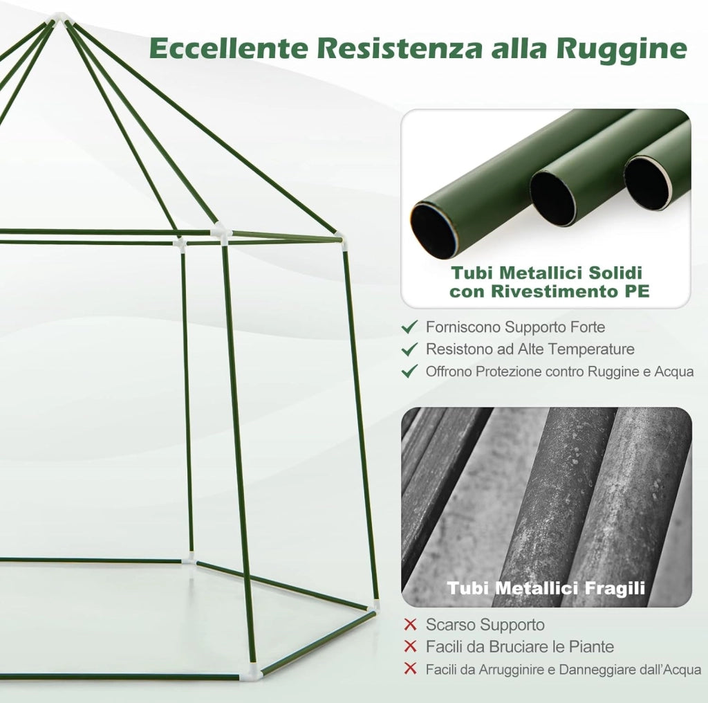 Mini Serra Portatile da Esterno per Inverno con Copertura in PE, Telaio in Metallo Anti-ruggine Rivestito in PE, Porta con Cerniera Arrotolabile e Finestre, Serra per Giardino e Cortile