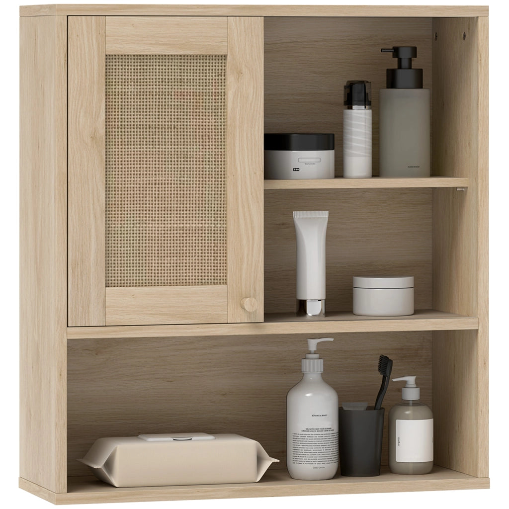 Armadio da bagno con ante scorrevoli e ripiani aperti ¨C zephmum ¨C legno naturale