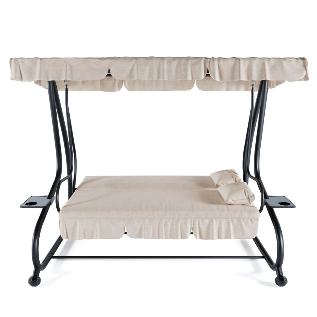 Dondolo Da Giardino 3 Posti Trasformabile In Letto Con Schienale Reclinabile Tetto Parasole Orientabile Cuscinatura Comfort Per Terrazza Balcone Patio E Outdoor Relax 200 x 120 x 160 Cm Beige