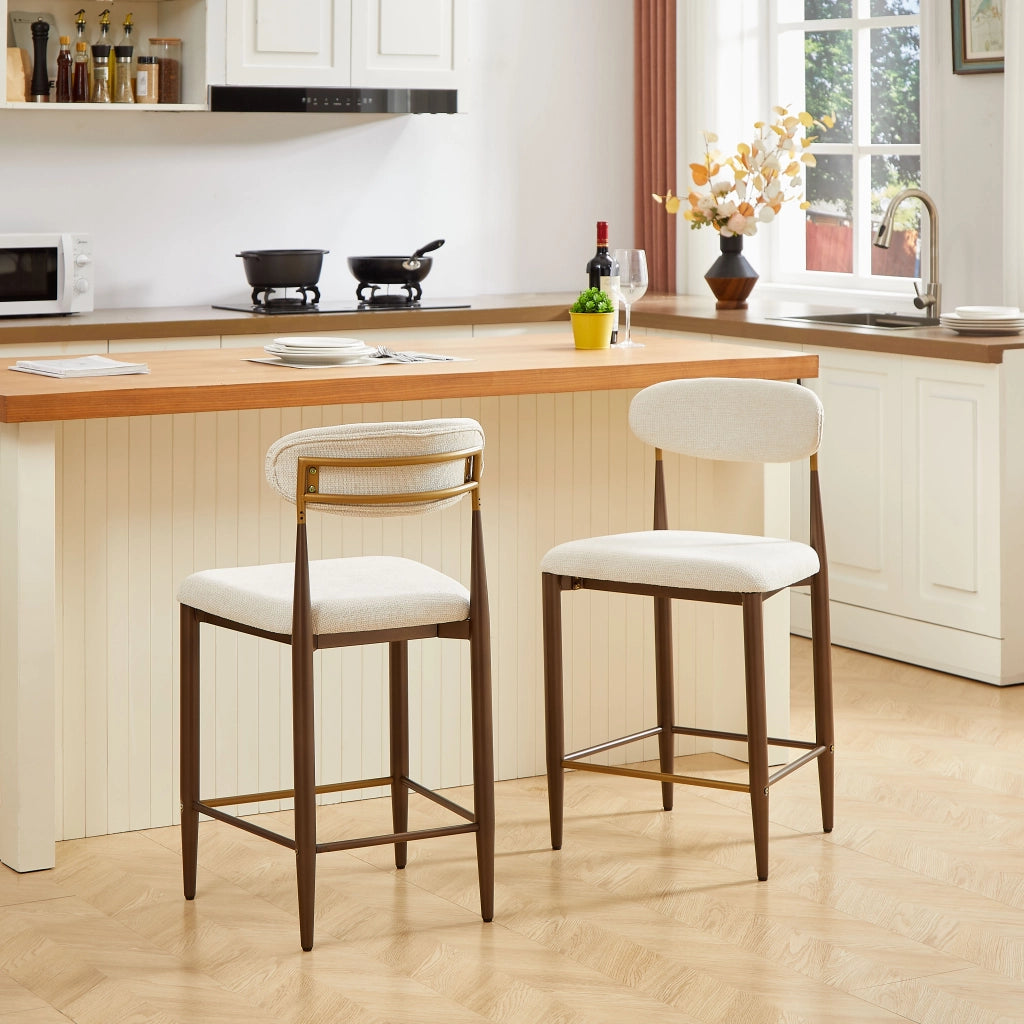 2er-Set Sgabelli da Bar - Zephmum - Stile rustico francese design retr¨° moderno telaio marrone scuro e dorato rivestimento in tessuto color crema