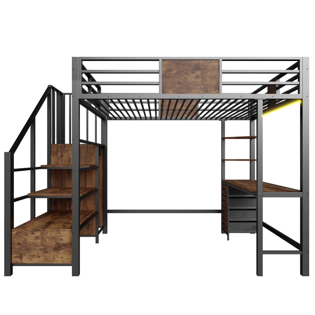 Letto a soppalco 140x200 cm in metallo con scrivania, ripiani, barra appendiabiti, LED e presa europea, colore nero