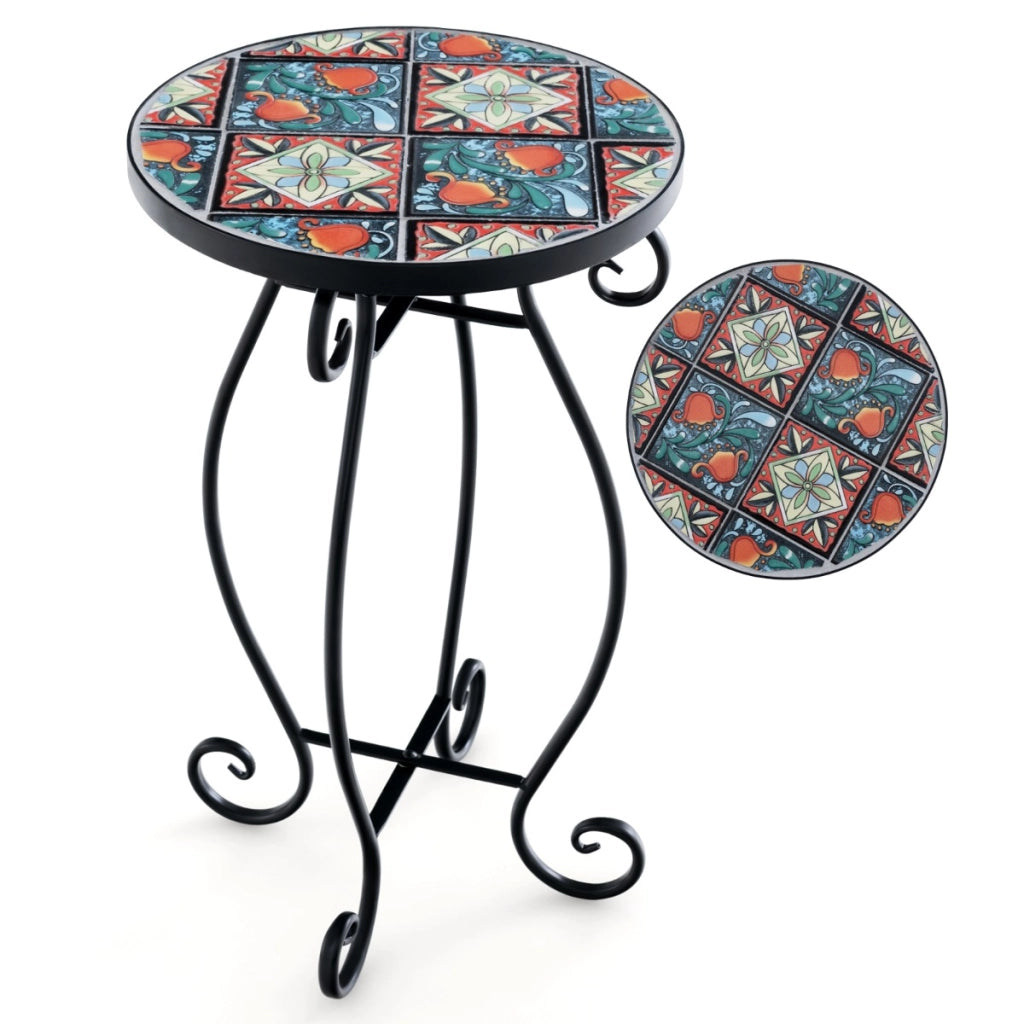 Tavolino laterale rotondo con mosaico, Supporto per piante da esterno con piano in piastrelle di ceramica 30x50cm-Scaffali per piante