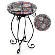 Tavolino laterale rotondo con mosaico, Supporto per piante da esterno con piano in piastrelle di ceramica 30x50cm-Scaffali per piante