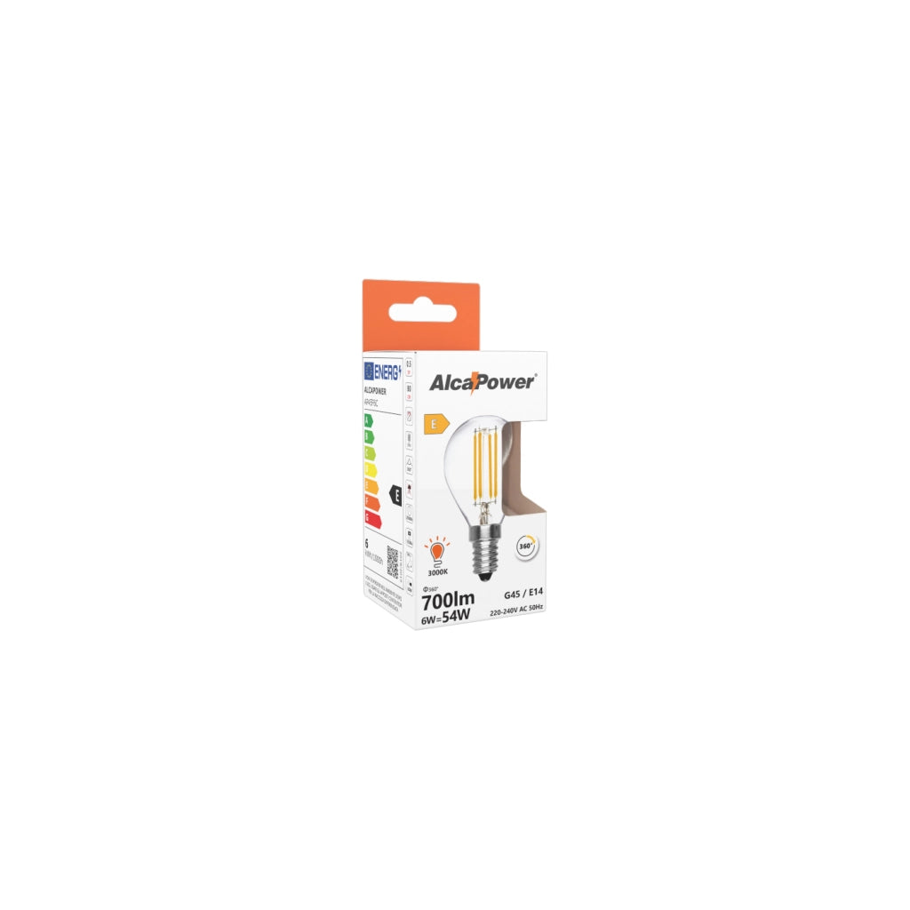 Alcapower Lampadina LED Filamento G45 Minisfera E14 6W 810lm 3000K Luce Calda Trasparente, Classe Energetica D, Lunga Durata 25000 Ore di Luce