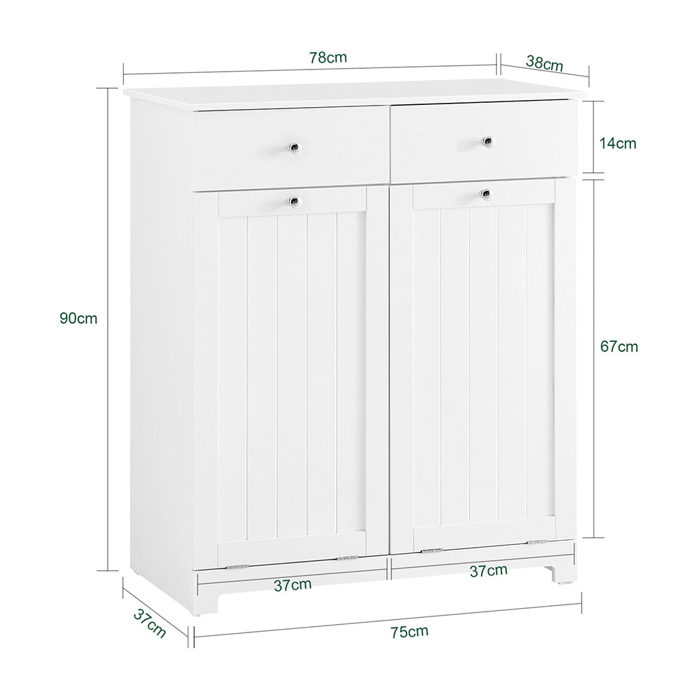 SoBuy Mobiletto bagno con portabiancheria - Mobile bagno salvaspazio con 2 cassetti e 2 sacchi estraibili - Mobiletto lavanderia per ingresso o cucina in Legna, Bianco, 78 x 38 x 90 cm, BZR33-II-W