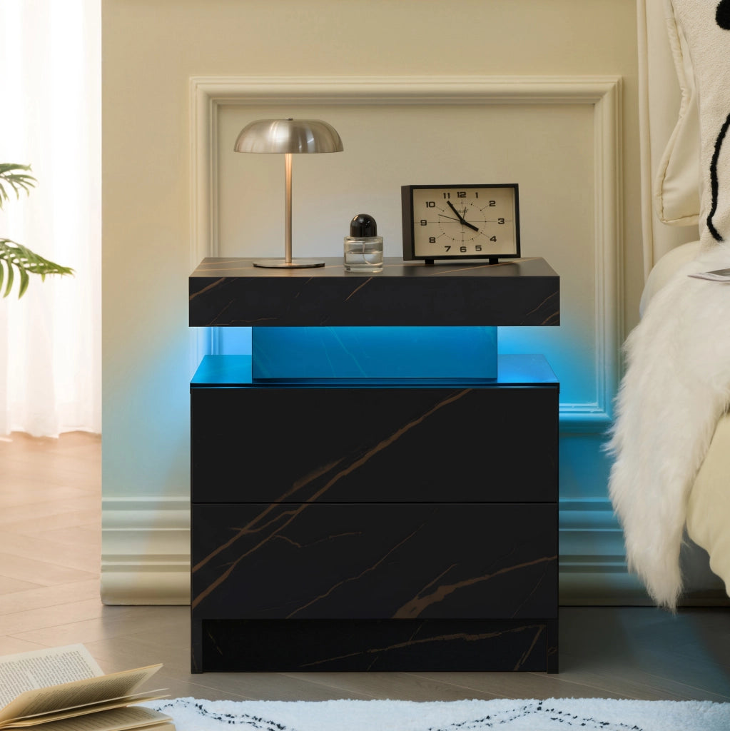 Comodino LED con 2 cassetti e luci multicolore regolabili in legno ingegnerizzato nero oro