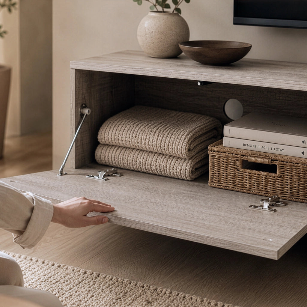 Mobile porta TV Kapipimso con Ante a Ribalta - Effetto Rovere, Grigio [en.casa]