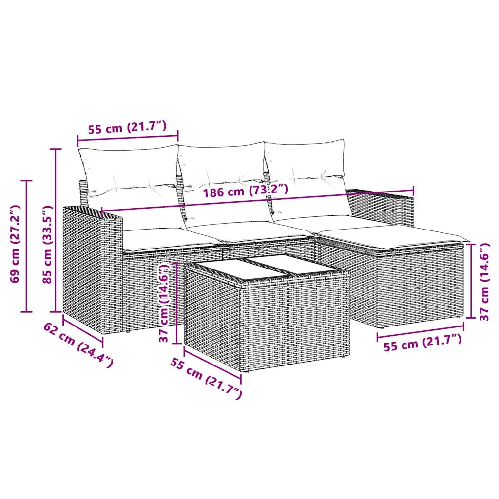 Set Divano da Giardino 5pz con Cuscini Grigio Chiaro Polyrattan 3251219