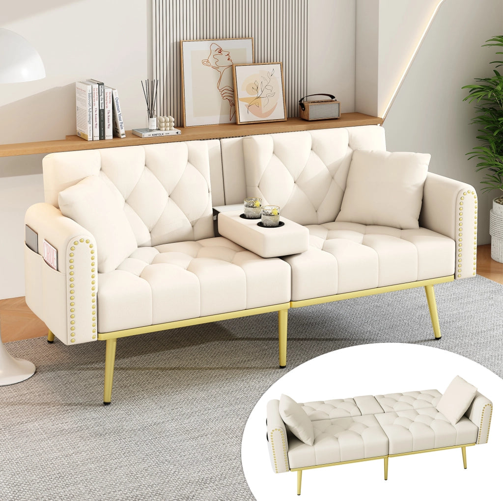 Divano letto 175x80x73.5 cm con schienale regolabile; portabicchieri; velluto beige