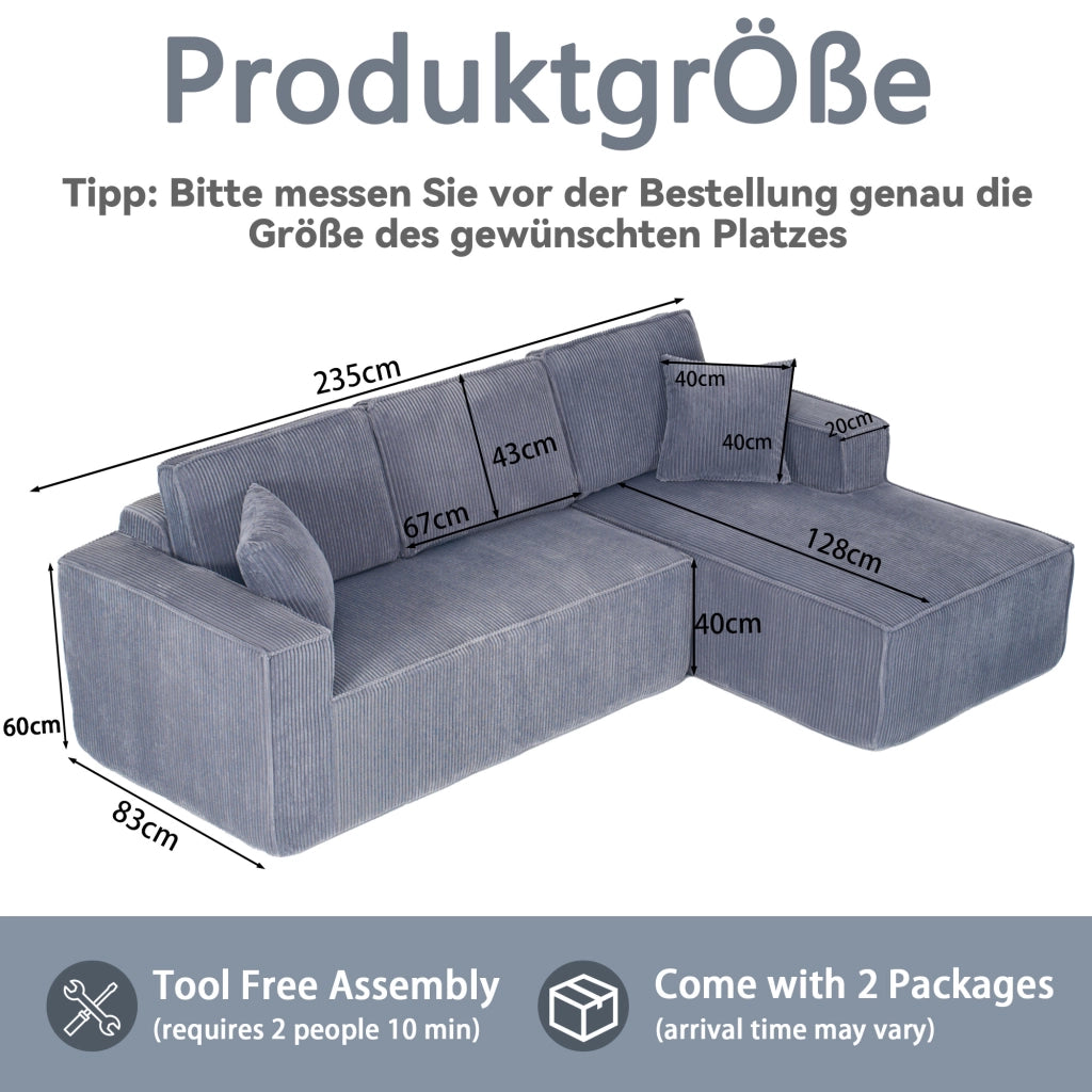 Divano angolare convertibile 2 posti con chaise longue, in velluto a coste, Grigio