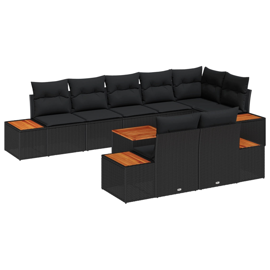 Set Divano da Giardino 9 Pezzi con Cuscini Polyrattan Nero Acacia