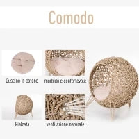 Cesta Rialzata per Gatti Fino a 10kg in Rattan PE Marrone (Φ52x58cm)