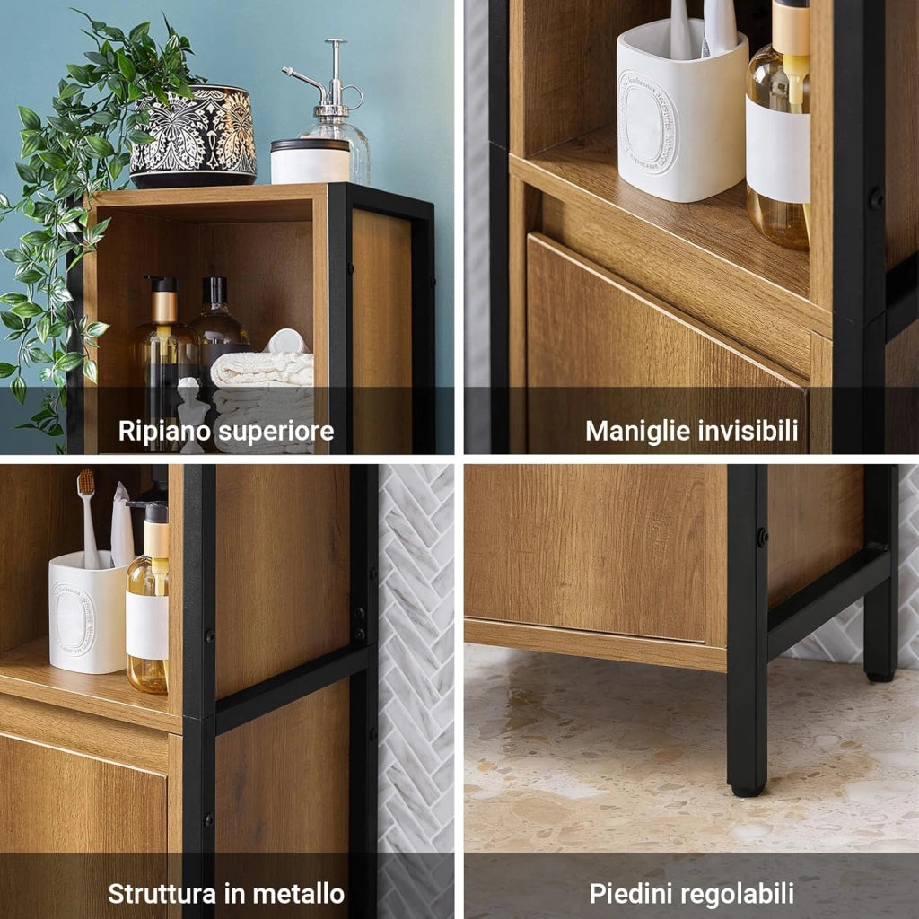 Colonna Bagno Alta e Stretta con 3 Ripiani Aperti e 1 Anta – Mobiletto Salvaspazio Vintage in Metallo e Legno 30x168x28cm BZR62-PF