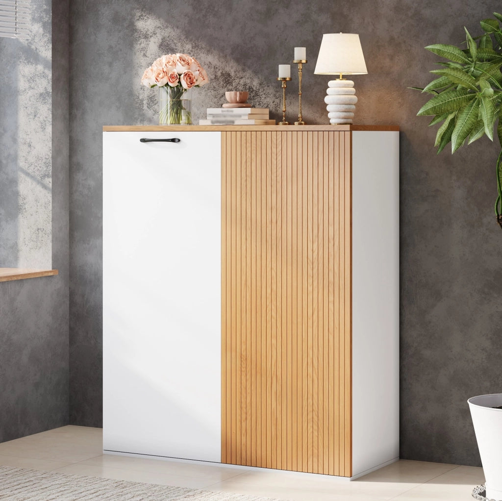 Mobile contenitore con ante e frontale a doghe; 80 x 40 x 110 cm; MDF bianco e rovere