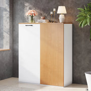 Mobile contenitore con ante e frontale a doghe; 80 x 40 x 110 cm; MDF bianco e rovere