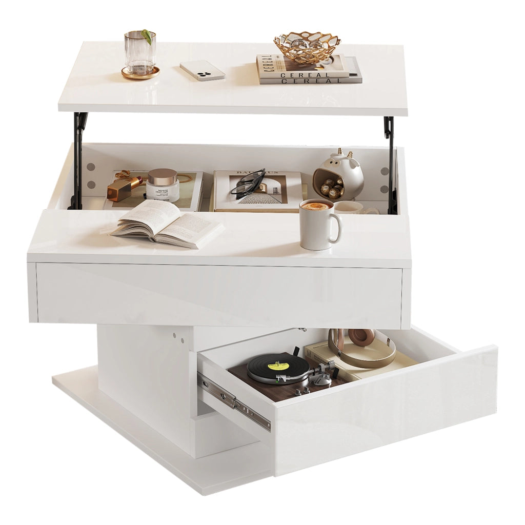 Tavolino da caffè 70x70x45 cm; piano ribaltabile e girevole 360°; pannello truciolare bianco