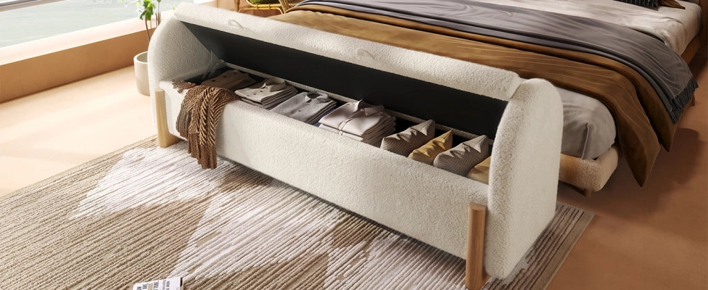 Panca contenitore 186 × 47 × 61 cm con vano idraulico e soft-close, senza materasso, in chenille bouclé, bianco