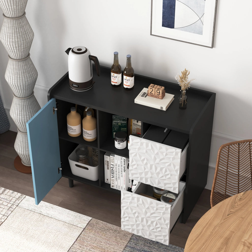 OKWISH Credenza da Cucina con 2 Cassetti, 2 Vani Aperti e 1 Armadietto, in MDF, Nero e Blu, 90 x 40 x 80 cm