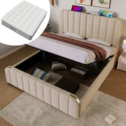 Letto contenitore 140x200 beige con materasso H3, USB e Type-C