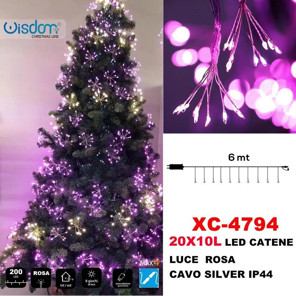 Trade Shop - Catena Luminosa 200 Led 20x10 Luci Con Ciuffi Luce Rosa Cavo Silver Ip44 Xc-4794 -