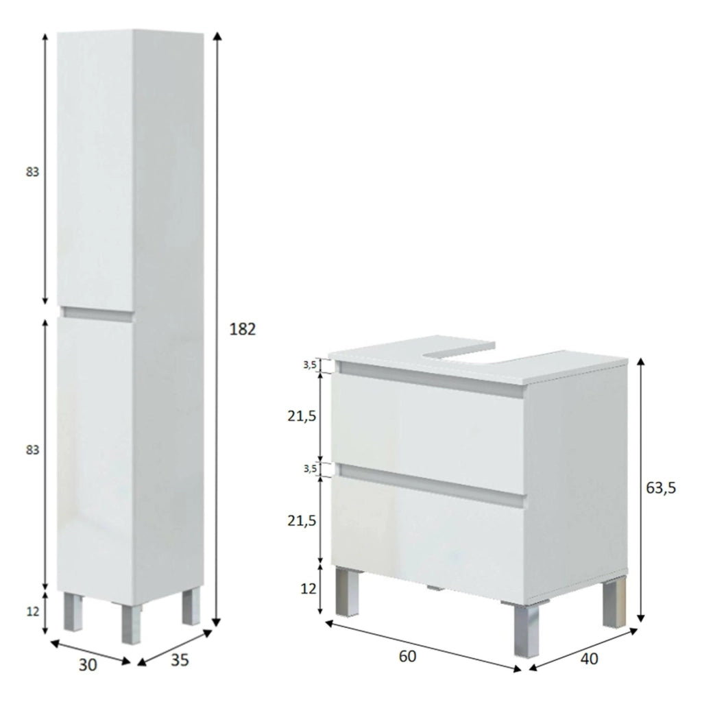 Formello, set Mobili Bagno 2 Cassetti, Bianco Lucido