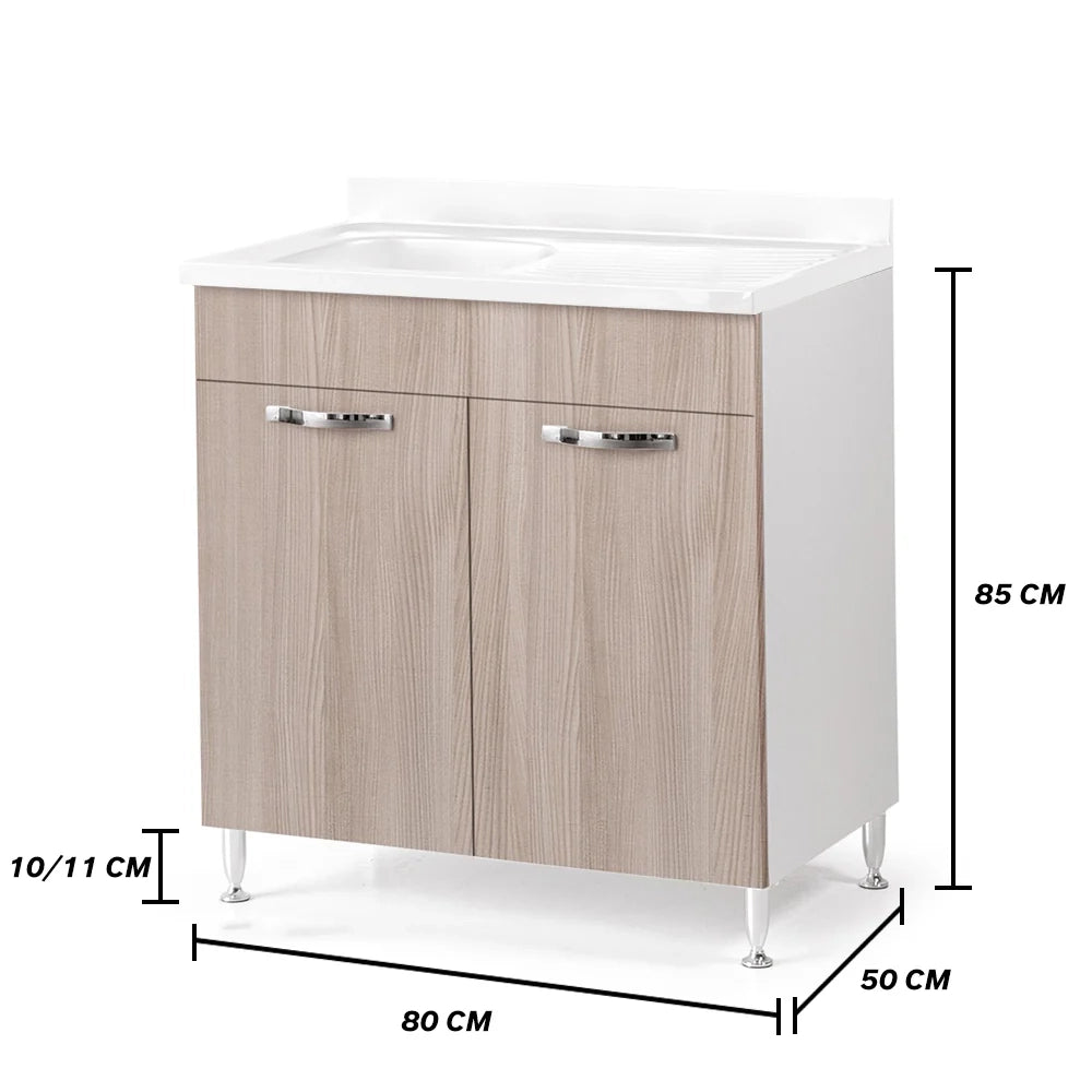 Sottolavello per cucina componibile da 80 cm con due ante, Lavello con 2 Vasche, realizzato in legno 100% MADE IN ITALY colore Olmo