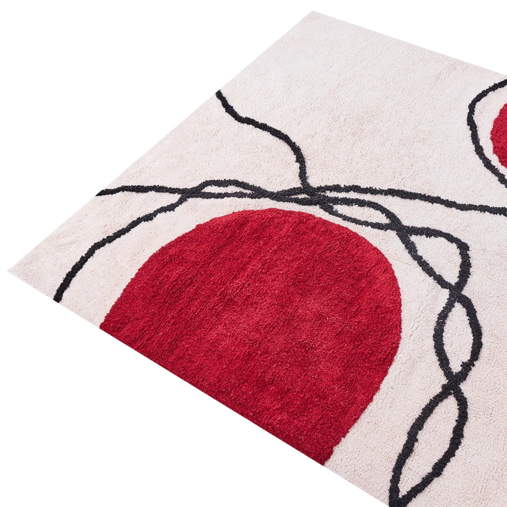 Tappeto da soggiorno cotone beige e rosso motivo astratto 160 x 230 cm nappe soggiorno camera da letto divano