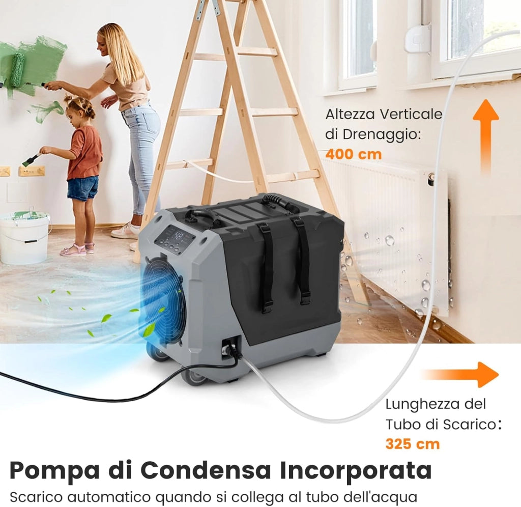 Deumidificatore Commerciale 85 L/Giorno, Deumidificatore con Pompa e Tubo di Scarico, Sbrinamento Automatico, 2 Ruote e Maniglia Pieghevole, Timer 24H, per Cantina Magazzino (Nero)