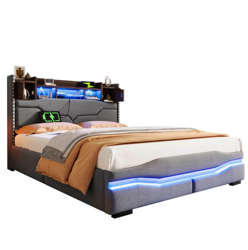 Letto matrimoniale 140x200 cm in lino grigio con contenitore idraulico; LED e prese USB/Type-C