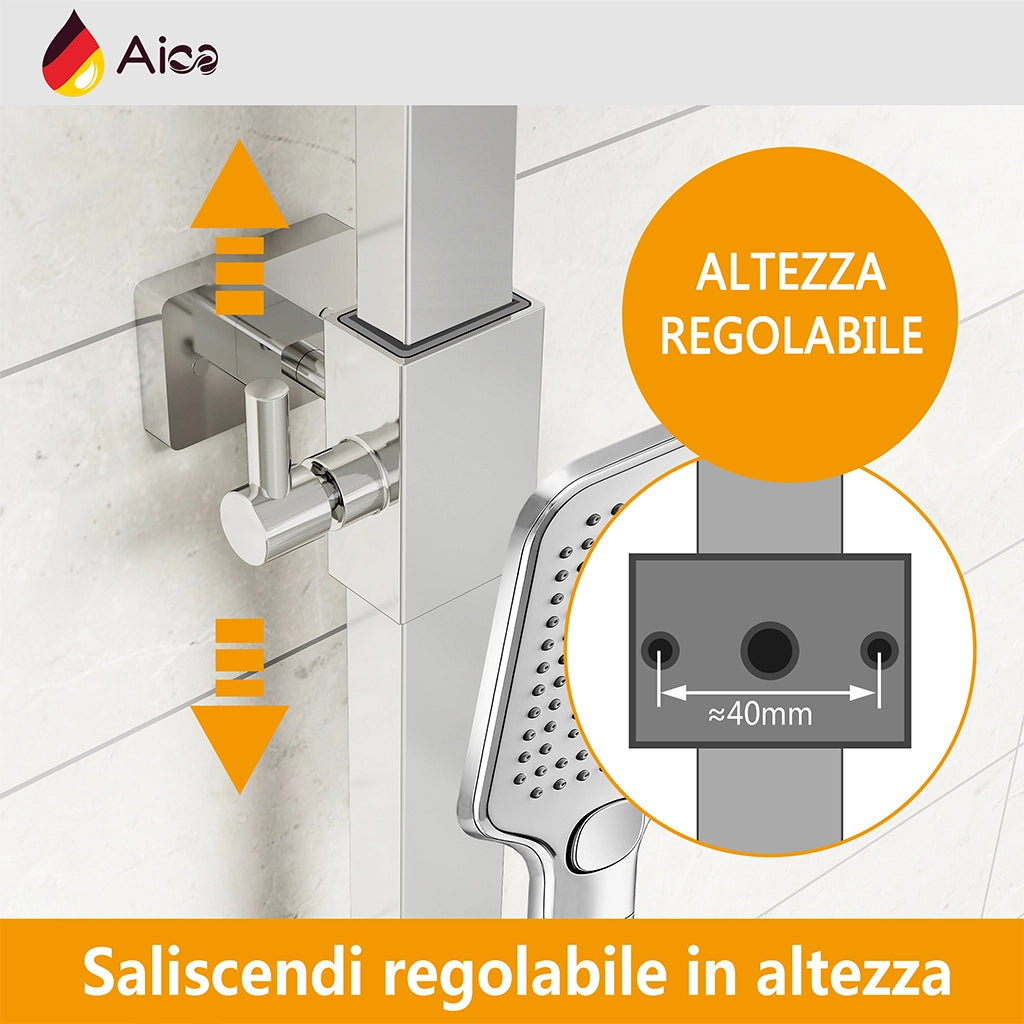 Colonna doccia quadrata completo di miscelatore termostatico rettangolo, soffione quadrato 30x30cm, cromo