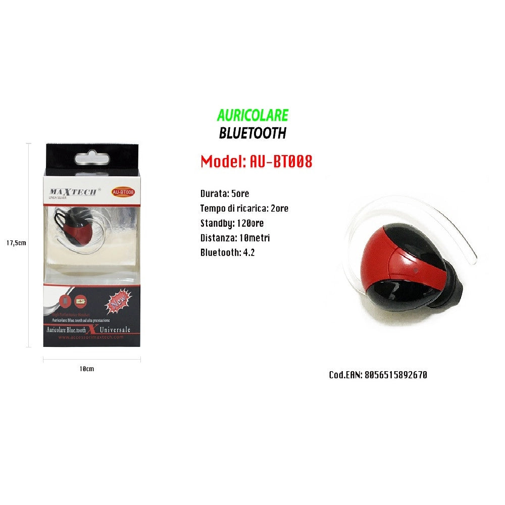 Trade Shop - Maxtech Auricolare Bluetooth 4.2 Au-bt008 Universale Cuffia Per Cellulare Smartphone -