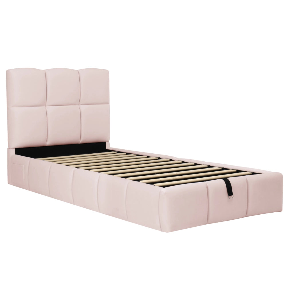 Letto singolo 90x200 cm con contenitore; rete a doghe e USB C; velluto rosa