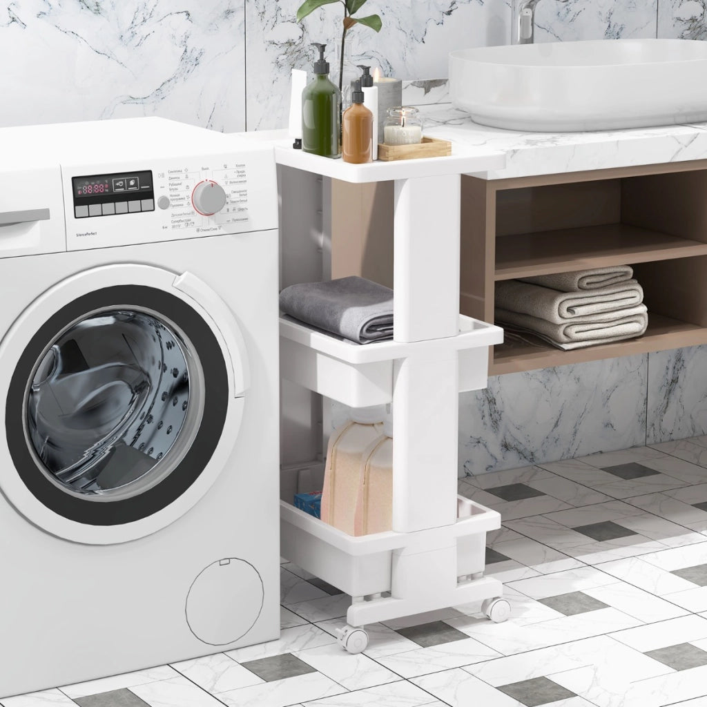 Carrello a 3 piani con piano d'appoggio, Carrello portaoggetti con ruote bloccabili per cucina bagno ufficio Bianco-Carrelli