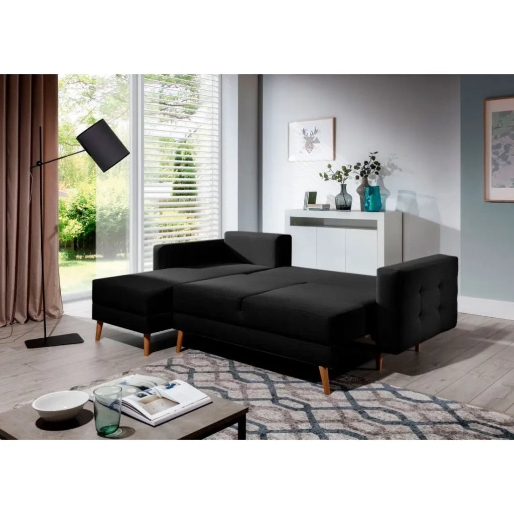 Divano angolare convertibile HASGARD 3 posti nero 248x162 cm - con vano contenitore e piedi in legno