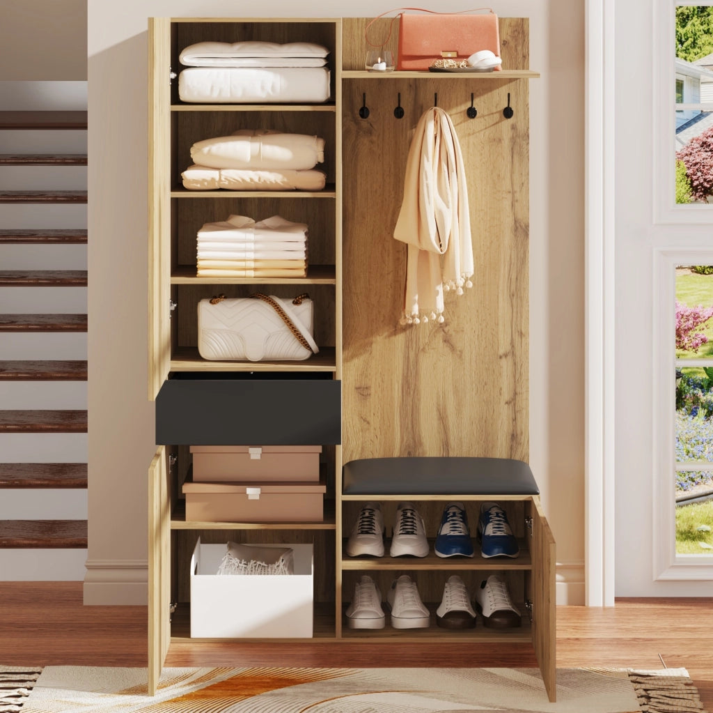 Mobile ingresso con specchio; 5 ganci; panca e scarpiera 98;5x38x191 cm; MDF nero e naturale