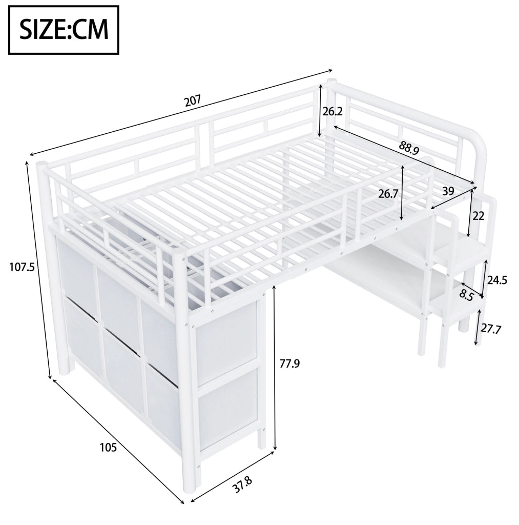 Letto a soppalco basso per bambini 90x200 cm in metallo e MDF bianco con scala e cassetti
