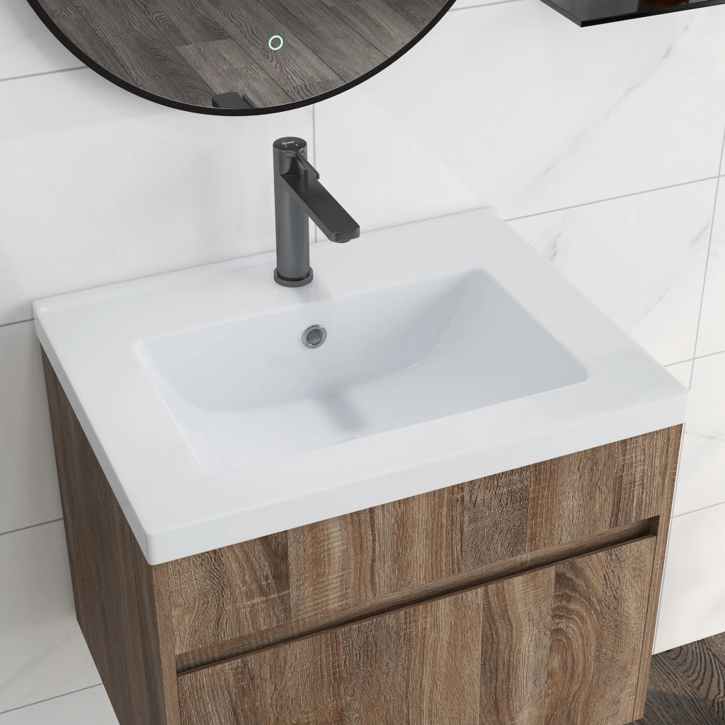 EasyComfort Mobile Lavabo da 60cm con Cassetto in Legno e Lavandino in Ceramica, Marrone Chiaro