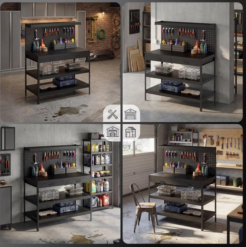 Banco da lavoro ULEVR 122x61x156 cm con 2 cassetti, pannelli forati e ripiani regolabili, nero