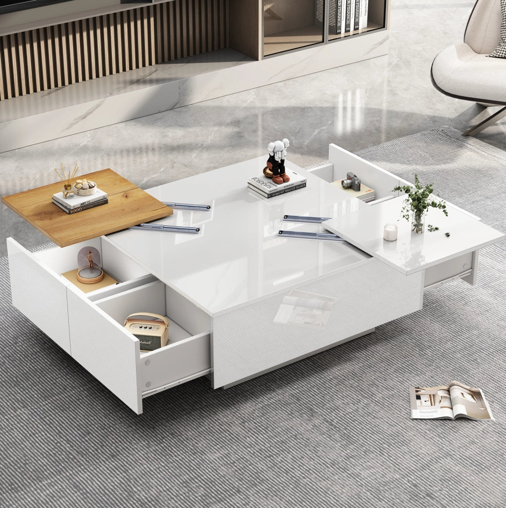 Tavolino da caffè bianco lucido 75x75 cm con 4 cassetti