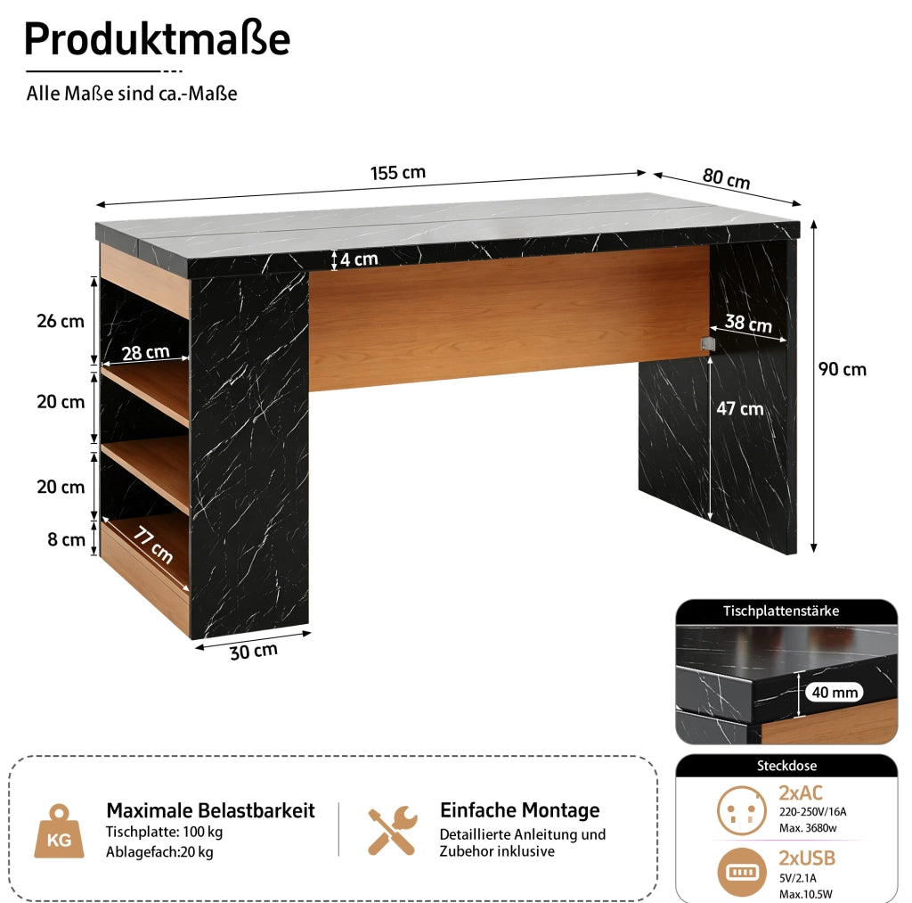 Isola cucina 155x80x90 cm con LED, prese USB e ripiani