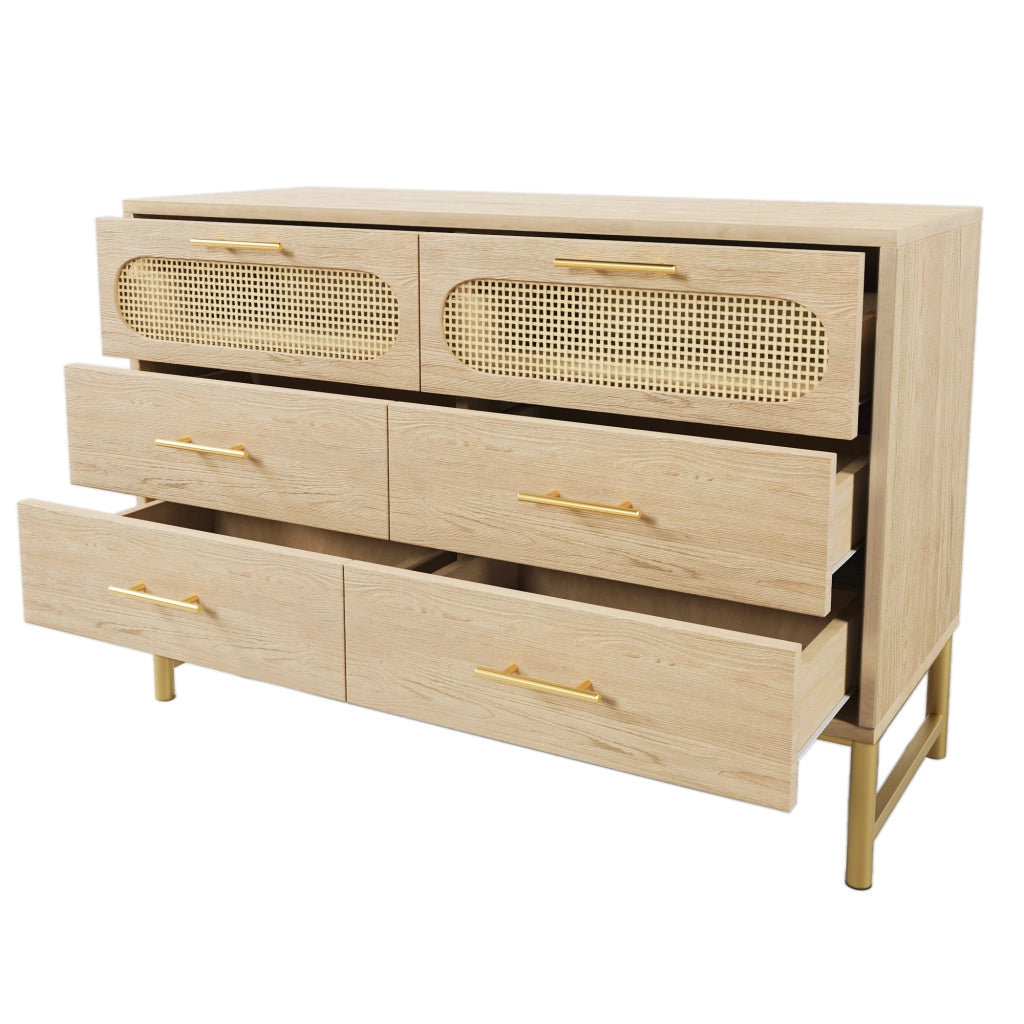 Cassettiera con 6 Cassetti; Frontali Effetto Rattan; Maniglie in Metallo; Piedini Regolabili; Stile Naturale; 120??40??74 cm; Rovere