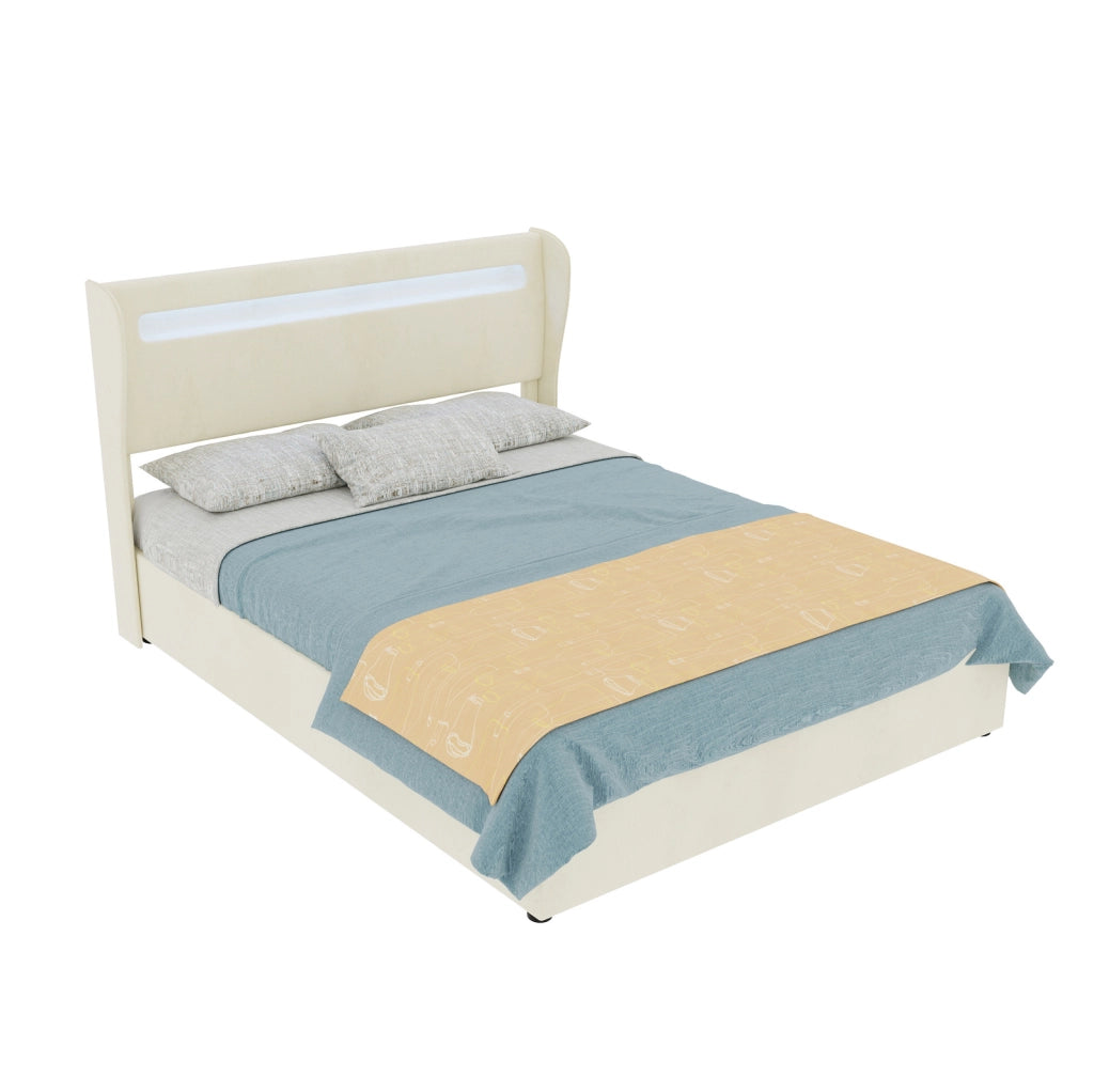 Letto imbottito con LED e testiera regolabile 140x200 cm beige