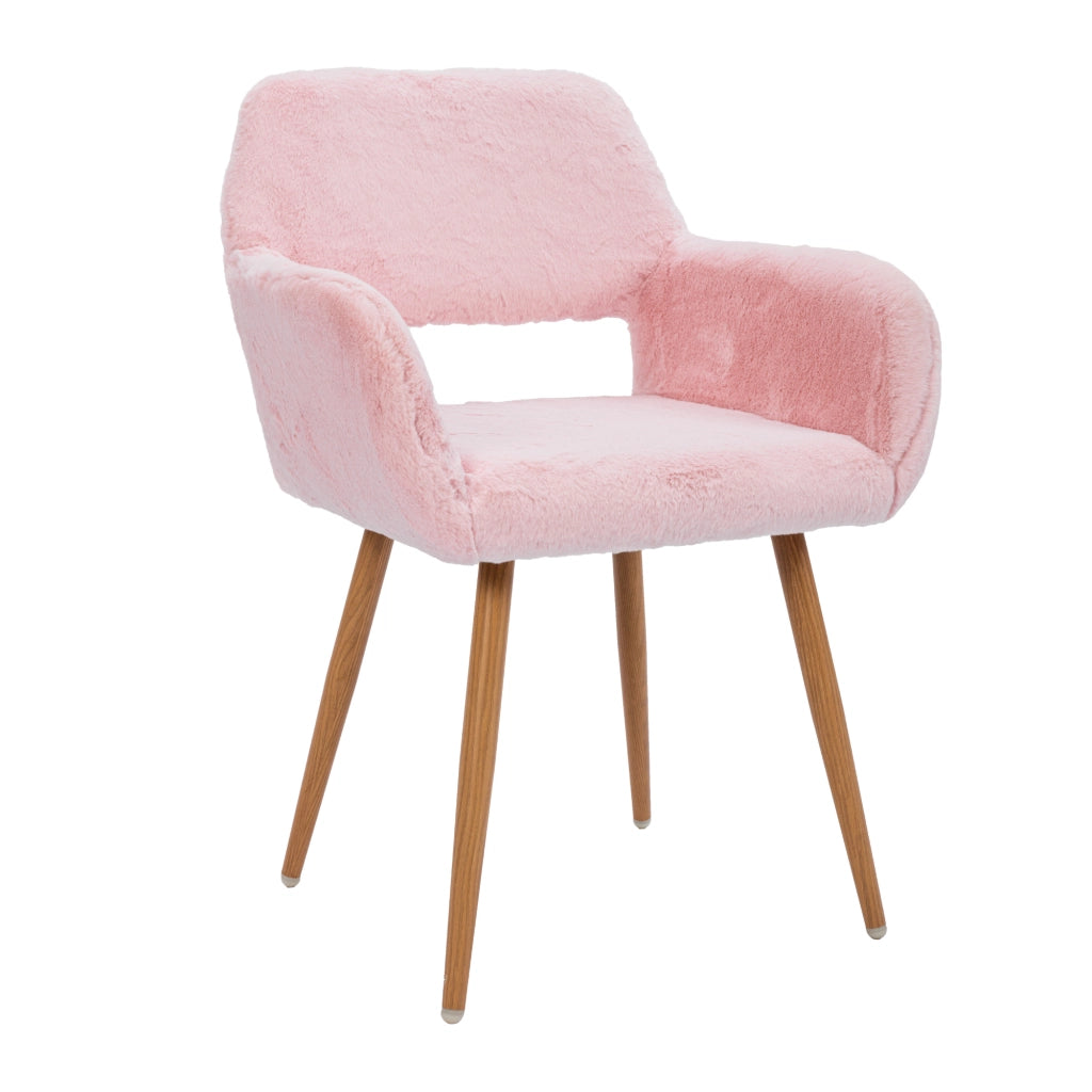 Sedia da pranzo in pelliccia sintetica con braccioli e gambe effetto legno, seduta confortevole rosa moderna