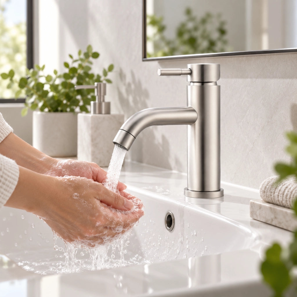 Miscelatore lavabo bagno rubinetto monoleva in acciaio spazzolato, risparmio acqua, cartuccia 500000 cicli, installazione foro singolo