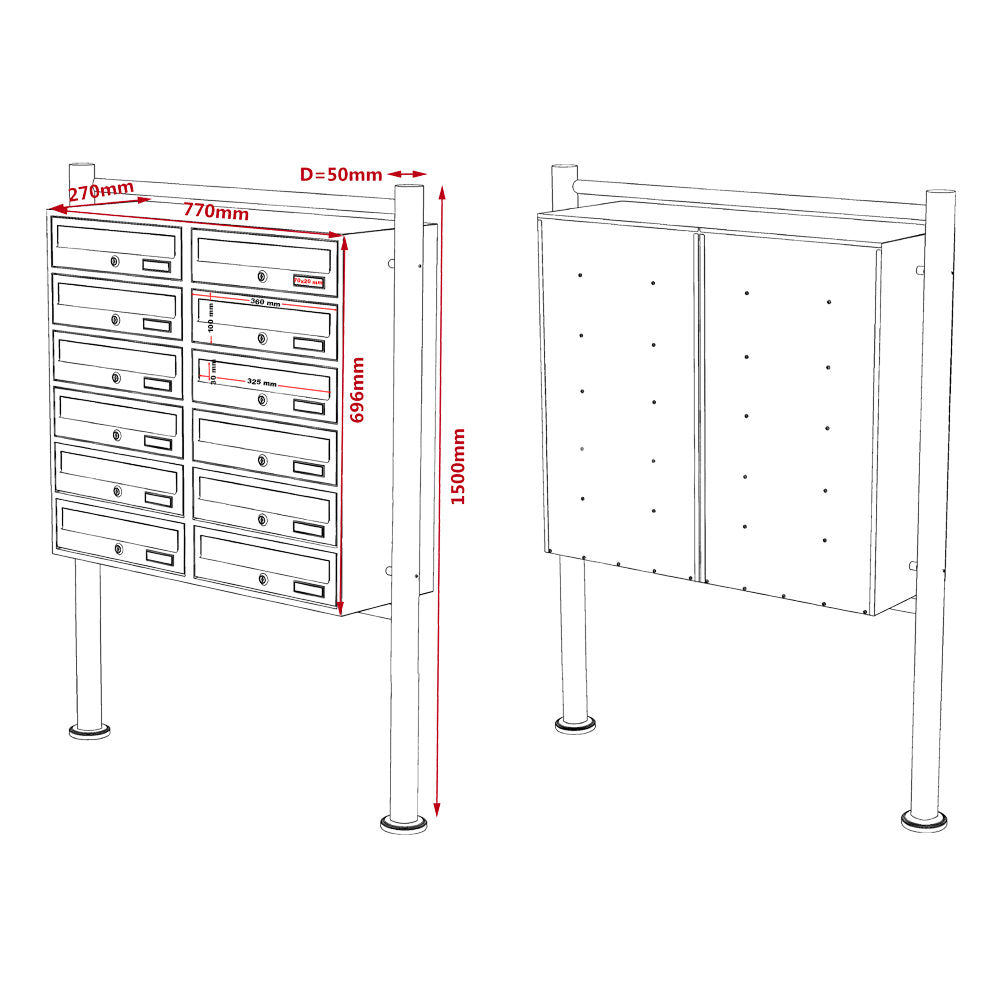 Cassetta postale condominiale autoportante 12 posti, bianco, 2 moduli 945 x 270 x 1500 mm