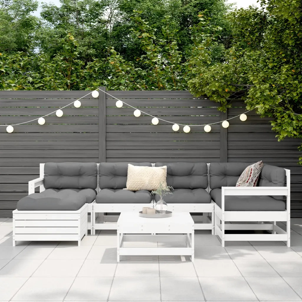 Set Divani da Giardino 7 pz Bianco in Legno Massello di Pino